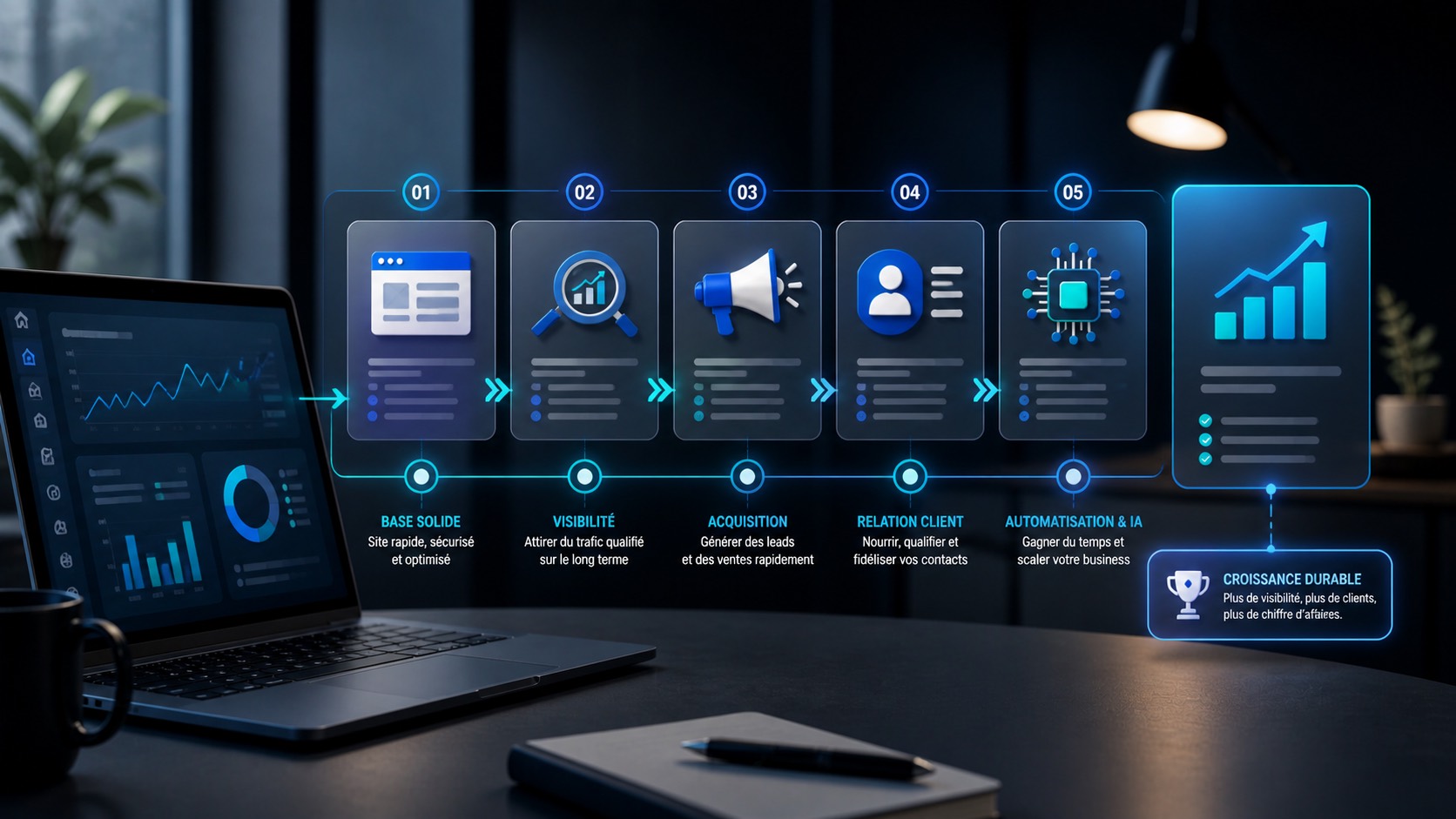Workflow digital reliant site internet, CRM, SEO et IA