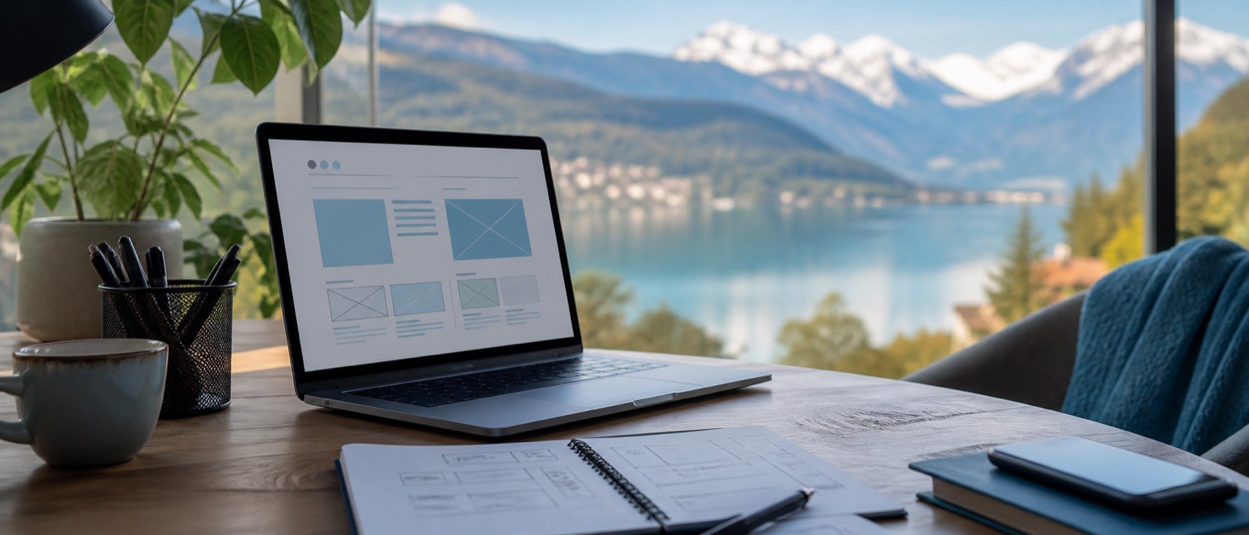Bureau de webmaster à Annecy avec ordinateur et vue sur les Alpes